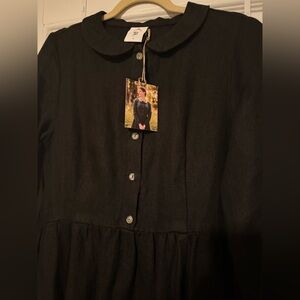 HEAVY TWILL LINEN Son de flor long sleeve classic dress black herringbone L